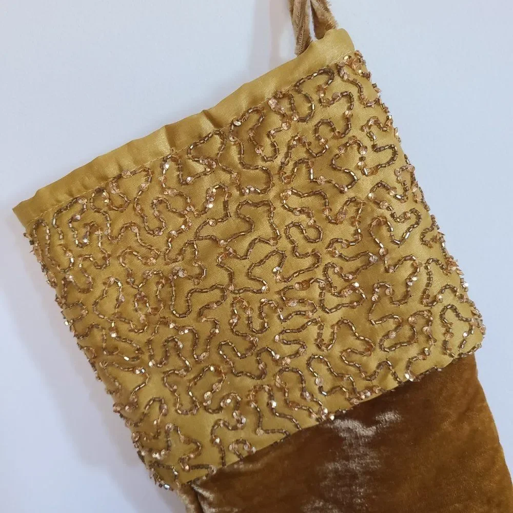 Target Elegant Gold Holiday Stocking Beaded Satin Brushed Velvet Look NEW NWT